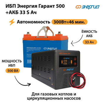 ИБП Энергия Гарант 500 + Аккумулятор S 33 Ач (300Вт - 46мин) - ИБП и АКБ - ИБП для котлов со встроенным стабилизатором - . Магазин оборудования для автономного и резервного электропитания Ekosolar.ru в Первоуральске